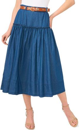 CeCe by Cynthia Steffe Tiered Belted Denim Midi Skirt in Mid Indigo at Nordstrom, Size 10