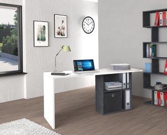 Dmora Escritorio Lineal Para Oficina Y Estudio Con Estante, Made In Italy, Mesa Minimalista, Escritorio Para Pc, 110x50h75 Cm, Blanco Brillante Y Gris Ceniz