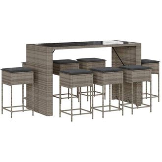 vidaXL Juego De Bar De Jard&iacute;n 9 Piezas Con Cojines Rat&aacute;n Pe Gris Vidaxl