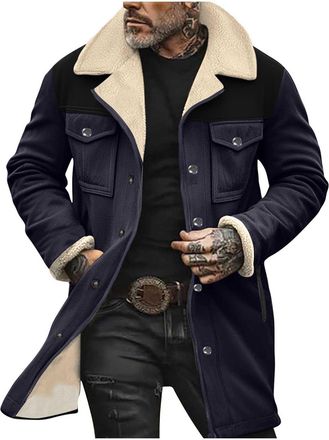 Generic Mens Suede Trench Coat Fuzzy Sherpa Lined Winter Warm Long Jackets Notched Lapel Collar Stylish Casual Coats Navy