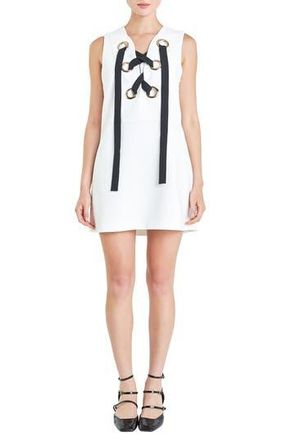 English Factory Grommet Tie Sleeveless Minidress in Off White/black at Nordstrom Rack, Size X-Small