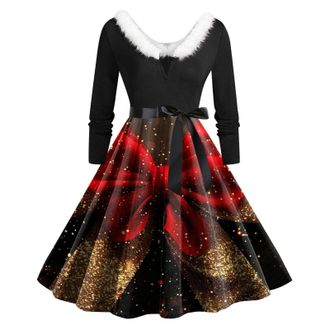 Generic Christmas Dresses for Women Glad Rags Vintage Elegant A Line Christmas Fancy Dress Formal Dresses for Women Multi Colored Vintage Printed Holiday Long