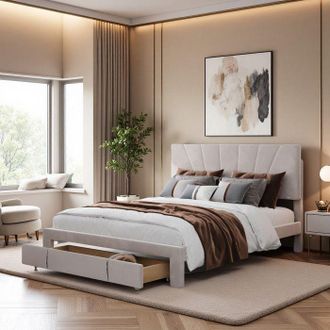 OEM Cama 140x200 Cm, Orld, Tejido De Terciopelo, Contempor&aacute;neo, Cama Para Adultos, Marco De Cama Doble 140x200 Cm, 250 Kg, Beige