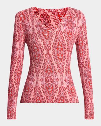 Etro Pink Medallion Ribbed V-Neck Sweater
