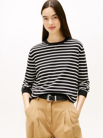 Tommy Jeans Strickpullover TOMMY JEANS TJW ESSENTIAL CREW SWEATER EXT, Damen, Gr. XXL (44), schwarz, ecru stripe, Feinstrick, Obermaterial: 100% Baumwolle, gestre