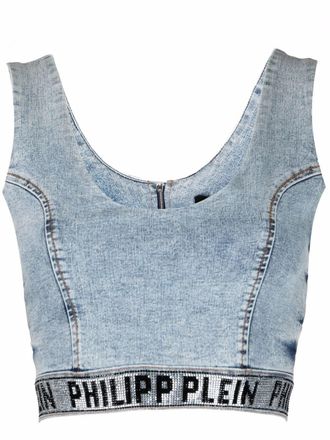 Philipp Plein logo-underband denim crop top - Blue