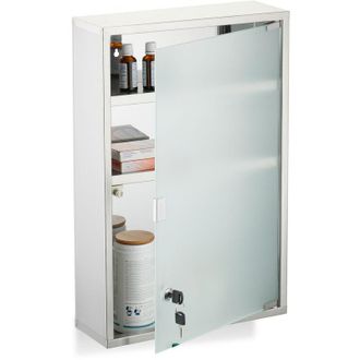 Relaxdays Armadietto Pronto Soccorso Medicinali, Cassetta Medicine con Chiave, hlp: 58x38x13 cm, Acciaio Inox e Vetro - Relaxdays