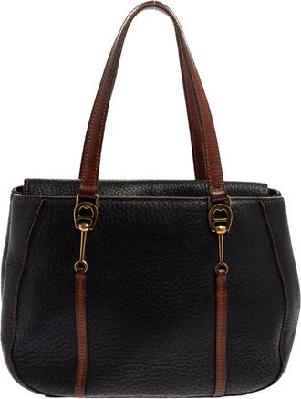 Aigner Black/brown Grained Leather Logo Metal Handle Tote