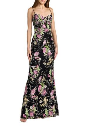 Mac Duggal Embellished Bustier Floral Trumpet Gown in Black Multi at Nordstrom, Size 12