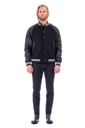 Pantaloni Torino Bimaterial Leather-Wool Jacket with Baseball Collar