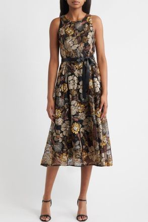 Elie Tahari Embroidered Sleeveless Belted Midi Dress in Brown Gold at Nordstrom, Size 14