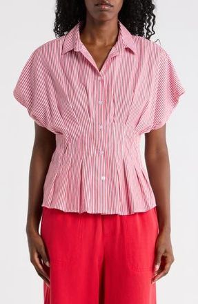 Beach Lunch Lounge Raven Stripe Short Sleeve Button-Up Shirt in Milano Red at Nordstrom Rack, Size X-Small