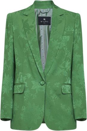 Etro Blazers, female, Green, S, Single-breasted Jacquard Jacket with Floral Motif