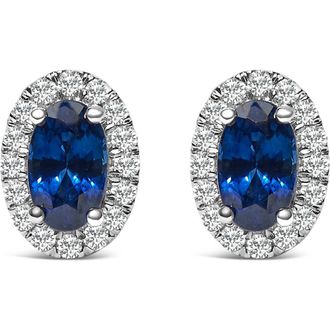 House of Brilliance 10K White Gold 5x3 MM Oval Cut Birthstone and Diamond Halo Stud Earrings in Blue Sapphire at Nordstrom
