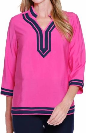 Multiples 3/4 Sleeve Notch Color With Trim Top In Bright Pink