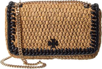 Tory Burch Emerson Raffia Flap Leather Shoulder Bag