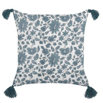 Beliani Coj&iacute;n De Algod&oacute;n Blanco Crema Verde Azulado 45 X 45 Cm Geom&eacute;trico Borlas Rumex