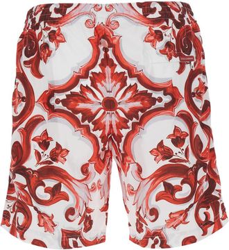Dolce & Gabbana Mens Swim Shorts Maiolica Print Burgundy Beachwear Sea Clothing