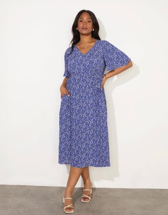 Live Unlimited London Womens Blue Ditsy Angel Sleeve Midi Dress - Size: 14