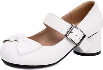 Generic Womens Round Toe Mary Jane Shoes Adjustable Ankle Strap Pumps Bow Embellishment Chunky Block Heel Textured Upper Lightweight Comfortable Shoes for Fas