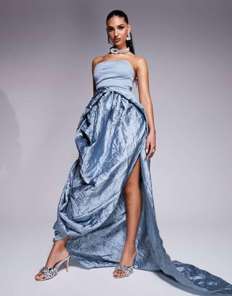 Asos Vestito lungo premium a fascia blu con gonna in taffetà testurizzata