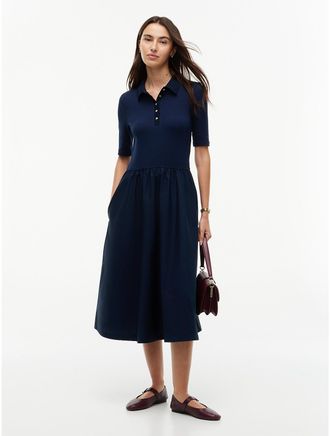 Tommy Hilfiger Womens Mixed Media Polo Midi Dress - Navy - XL