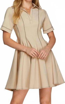 She + Sky Contrast Stitched Skater Dress In Taupe