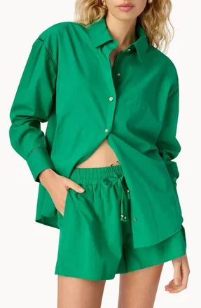 Cami NYC Sumayya Oversize Ladder Stitch Inset Cotton Button-Up Shirt in Jade at Nordstrom, Size Xx-Small