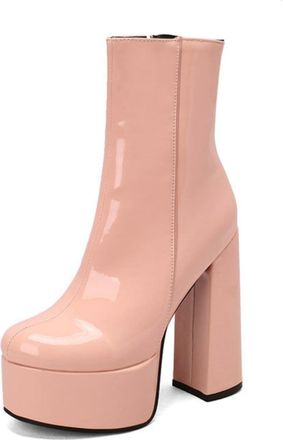 Generic Womens Chunky Block Heel Mid-calf Boots with Platform, Square Toe Design for Stylish Autumn Winter Wear,Light Pink,7.5 UK