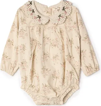 Lola Flower Crochet Collar Corduroy Floral Bubble Romper in Rose Cloud at Nordstrom, Size 12M