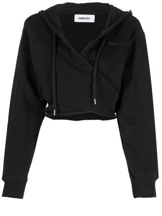 AMBUSH embroidered logo cropped hoodie - women - Cotton - S - Black