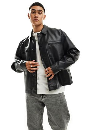 Asos faux leather Harrington jacket with zip detail in black