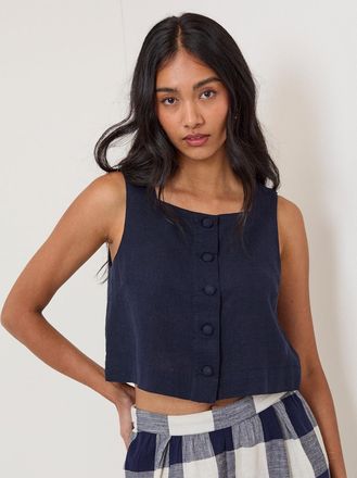 Nobody's Child Navy Linen-Blend Button Front Top