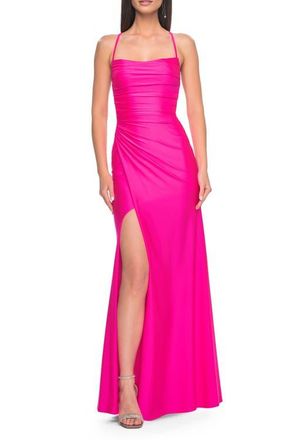 La Femme Jersey Dress with Square Neckline and Ruching in Neon Pink at Nordstrom, Size 00