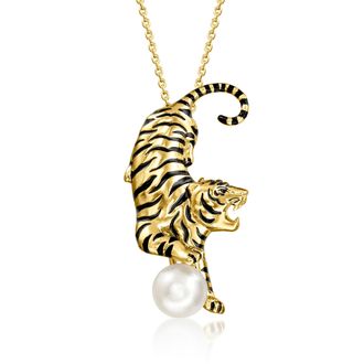 Ross-Simons 18kt Gold Over Sterling and Black Enamel Tiger Pin/Pendant Necklace With 8-8.5mm Cultured Pearl
