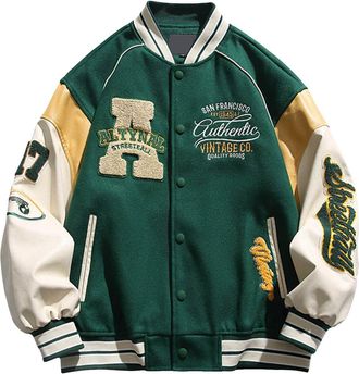 Generic Men Varsity Jacket Color Block Letter Print College Baseball Jackets Vintage Outwear with Pockets Unisex Coat Patchwork Top Fall Bomber Biker Jacket O