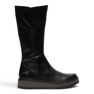 FLY London Dames Zwarte Leren High Pull On lange laarzen - RHEA042