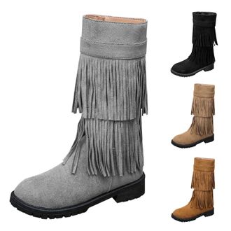 Generic Womens Winter Suede Mid-Calf Cowboy Boots Classic Round Toe Western Tassel Boots with Side Zipper Inner Height Retro Boot Ladies Winter Anti-Slip Walk