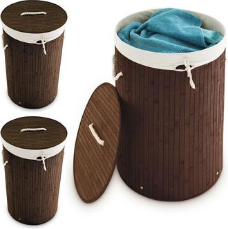Relaxdays 3 Cestos Ropa Sucia Con Tapa, Redondo, Cubo Colada, Canasta Plegable, Bamb&uacute;, 70 L, &Oslash; 41 Cm, Marr&oacute;n