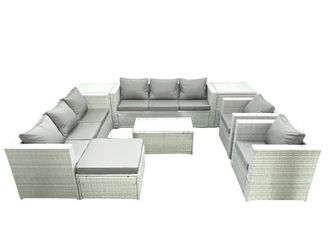 Fimous Outdoor Rattan Sofa Garden Furniture Set with 2 Armchairs Oblong Coffee Table Big Footstool 2 Side Tables Light Grey Mixed