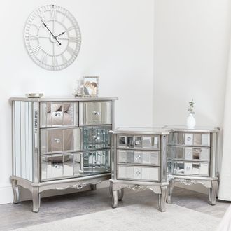 Melody Maison Silver Mirrored Chest Of Drawers & Pair Of 3 Drawer Bedside Tables - Tiffany Range