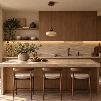 Concept Usine L&aacute;mpara colgante de dise&ntilde;o redondo en travertino y madera con efecto n