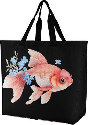 Generic Fish And Flowers Reusable Shopping Bags One Shoulder Grocery Tote Bag Waterproof Big Purse for Work Travel