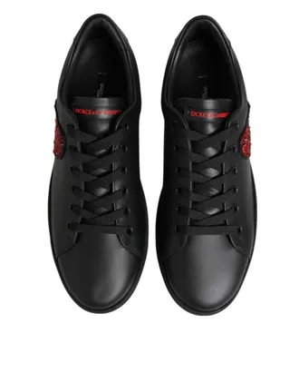Dolce & Gabbana Womens Black Leather Crystal Heart Low Top Sneakers Shoes Calf
