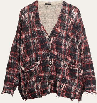 R13 Distressed Oversized Plaid Boyfriend Cardigan