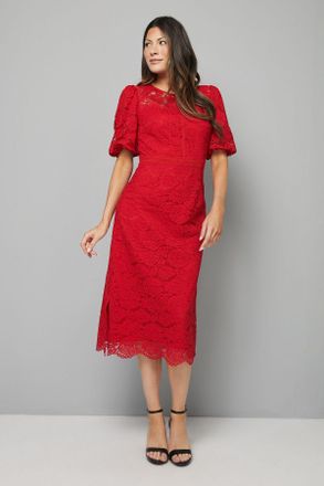 Wallis Womens Lace Puff Sleeve Midi Dress - Red Polyamide - Size 18 UK