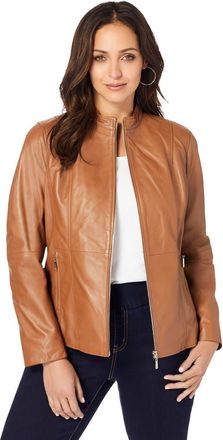 Jessica London Zip Front Leather Jacket in Cognac at Nordstrom, Size 32