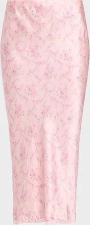 LoveShackFancy Castle Floral Satin Midi Skirt