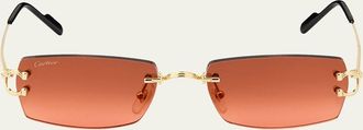 Cartier Mens Classic Decor C Rimless Rectangular Metal Sunglasses
