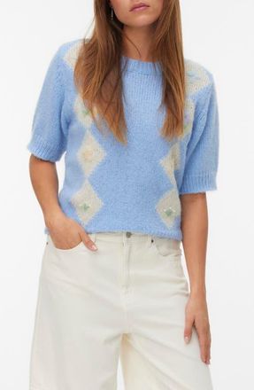 Vero Moda Madden Floral Argyle Plaid Short Sleeve Sweater in Brunnera Blue at Nordstrom, Size X-Small